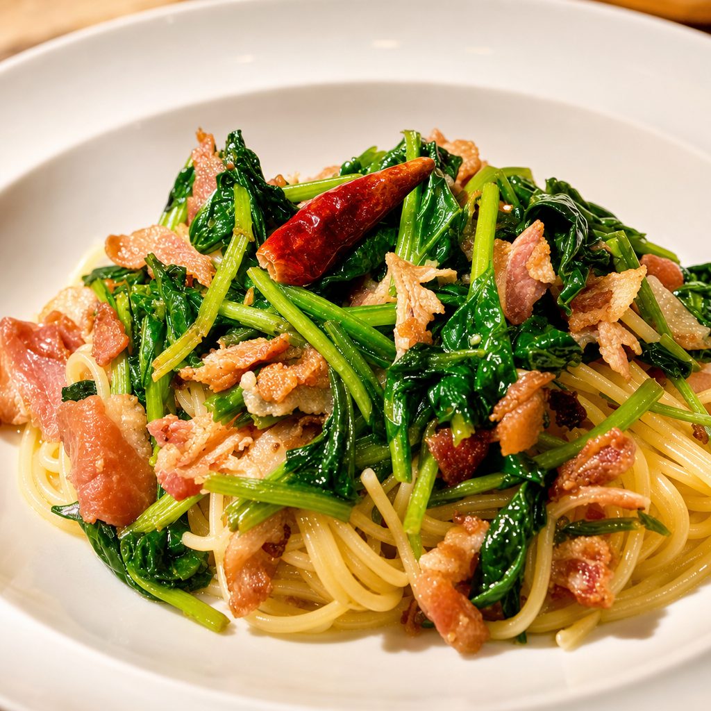 Spicy Garlic, Spinach & Bacon.